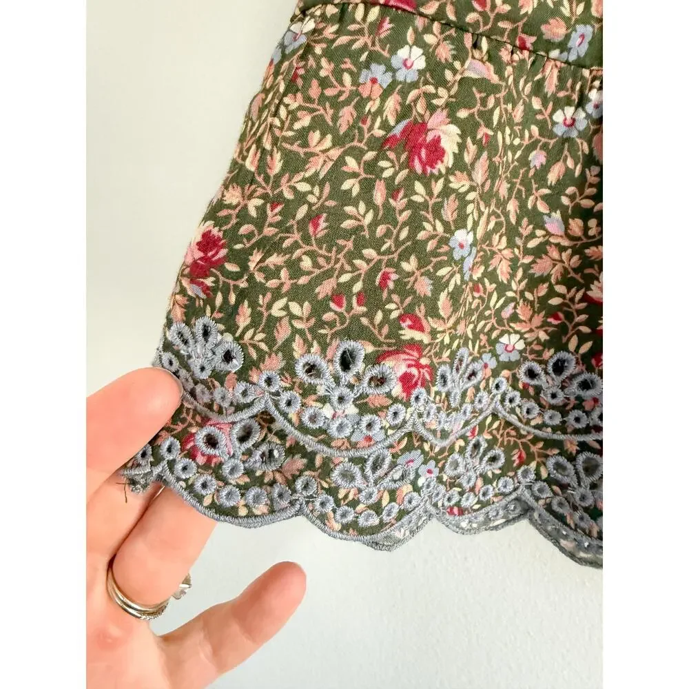 Sézane Sezane | Come Wrap Skirt Khaki Floral Mini Lace Trim | Sz 36 / US 4
